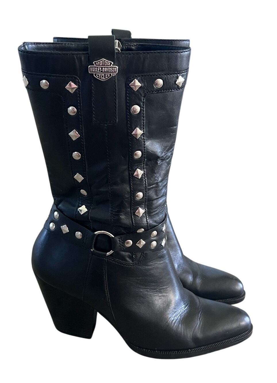 Harley Davidson Womens 7.5 Strut Black Leather Harness Biker Boots Studded 81809